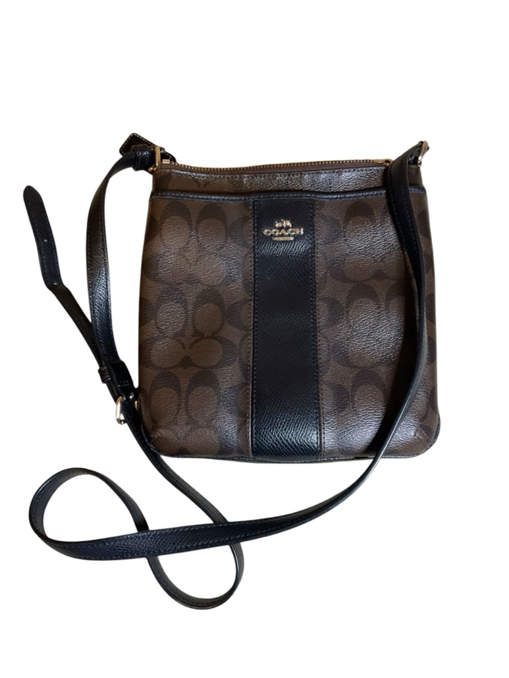 Coach Brown and Black Signature Leather Trim Crossbody F52856